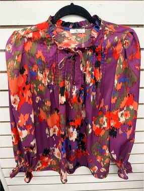 Halogen Women’s Purple Orange Abstract Floral Long Sleeve Blouse Size L